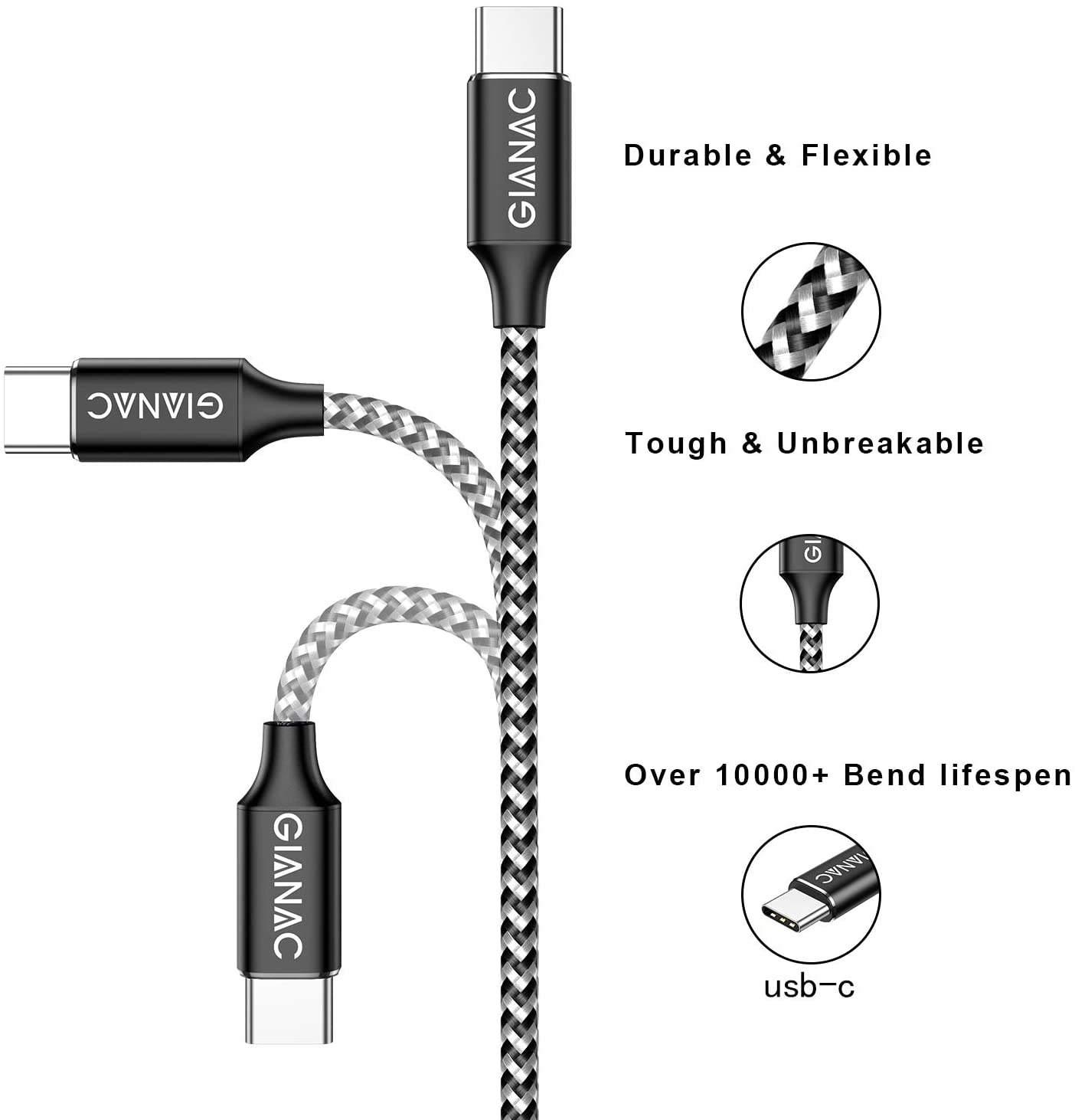 GIANAC USB C To USB C Cable 3 Pack 0 5M 1M 2M 60W 20V 3A PD USB Type