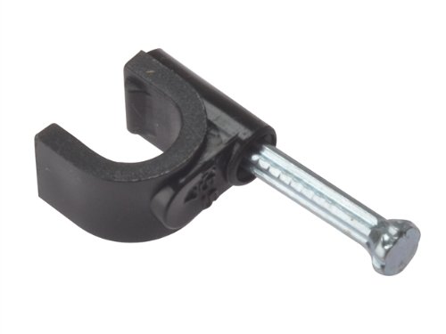 Forgefix Cable Clips - Round | 6-7mm | Black Plastic Clip, Zinc Plated Nail | Box 100