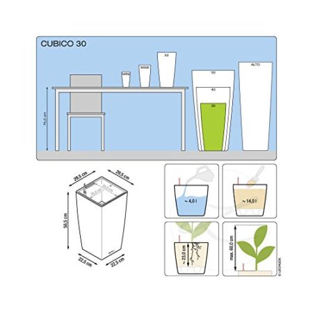 LECHUZA CUBICO 30 Self Watering Planter Garden Flower Plant Pot Indoor/Outdoor Floor Planter with Drainage Hole and Plant Substrate Poly Resin H56 L30 W30 cm White High-Gloss - Image 4