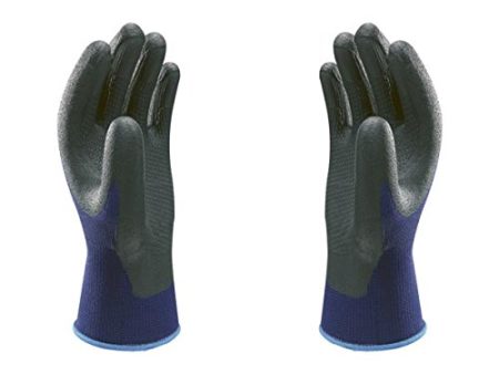 Showa 380 L 13 Gauge Nylon Backing Fabric Nitrile Multipurpose Gloves with Microporous Coating on Palm, L, Blue/Black