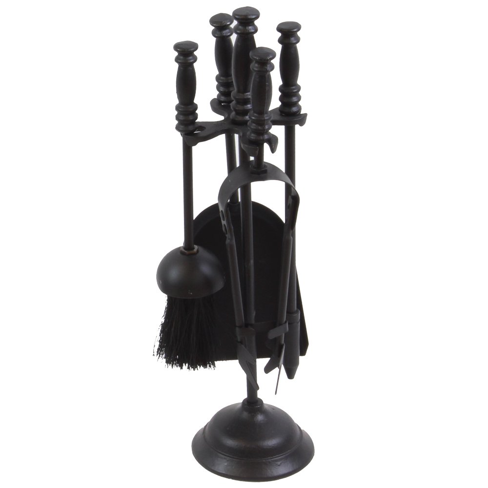 Fire Vida 5 Piece Malham Fireplace Companion Set - Black Steel Fireside Tool Kit with Stand - Includes Poker, Tongs