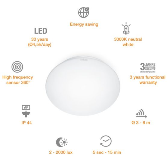 Steinel LED Ceiling Light RS 16 S - sensor switched indoor lamp, 360° motion detector, 8 m range, opal glass, 9.3 W wall light, IP44 - Image 3