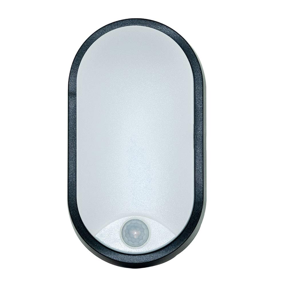 Luceco Eco Outdoor LED Bulkhead Light with PIR Motion Sensor, Decorative Exterior Lighting, Oval, Black, IP54, 10W, 700lm, 4000K, EBEO10P40