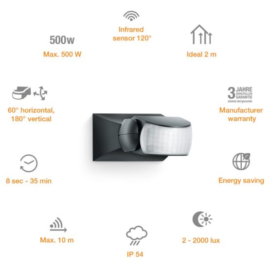 Steinel Infrared Motion Sensor IS 1 black, 120° Motion Detector, 10 m Range, IP54, max. 500 W or 4 LED Lights - Image 3