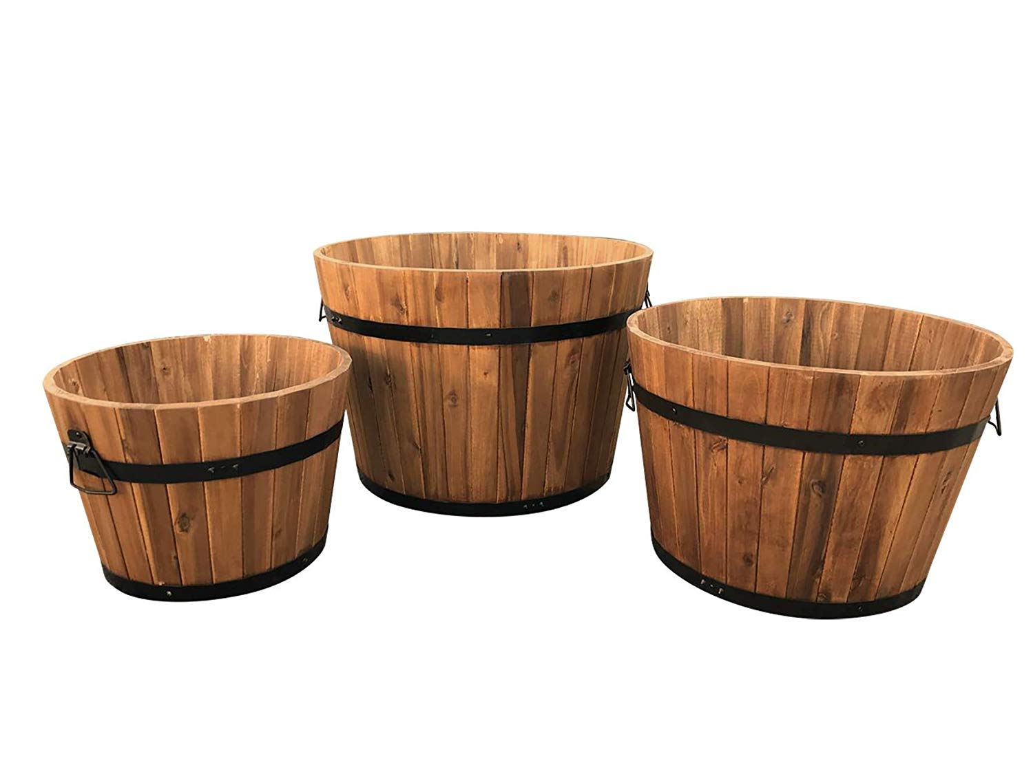 CLICK-DECK Wooden Round Garden Planters - Set of 3 Small | Medium | Large HARDWOOD Half Barrel Planter Flower Tubs Pots