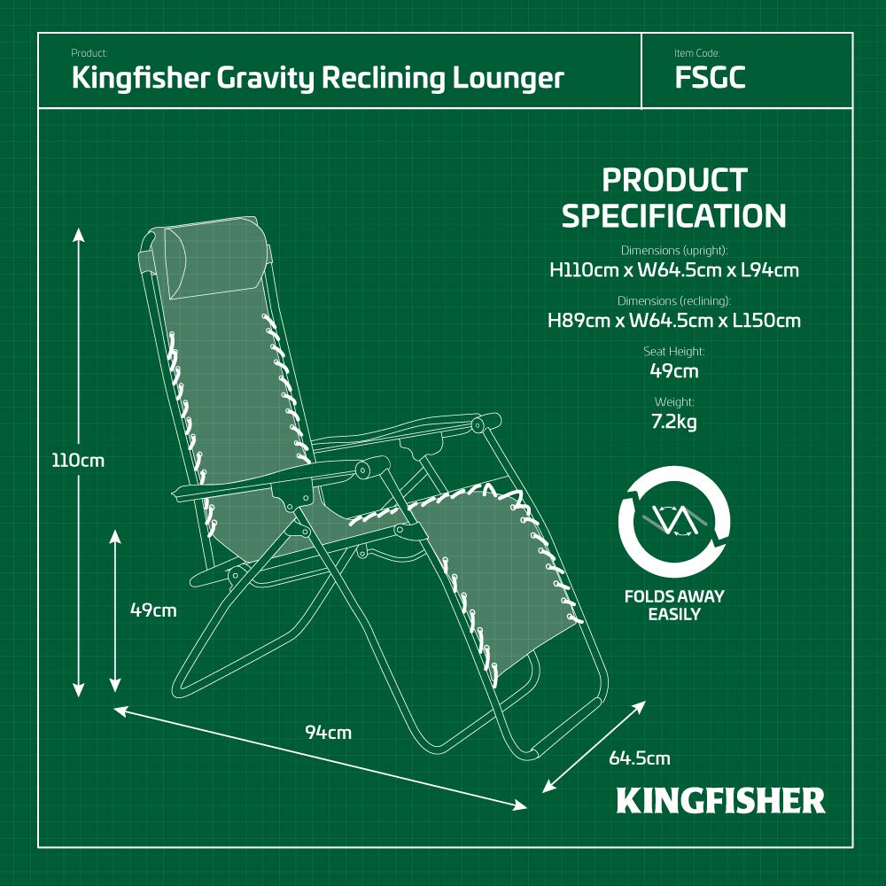 Kingfisher Gravity Garden Reclining Sun Chair Lounger, Black, 113 x 65 x 94.5 cm - Image 2