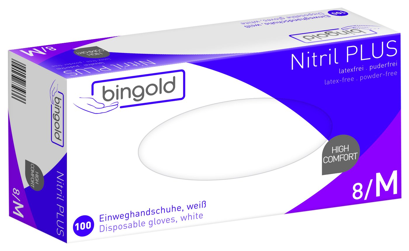 Bingold 634302 Disposable Nitrile Plus Gloves, Powder Free, Anatomical shape, CE CAT III - Medium, White (Pack of 100)