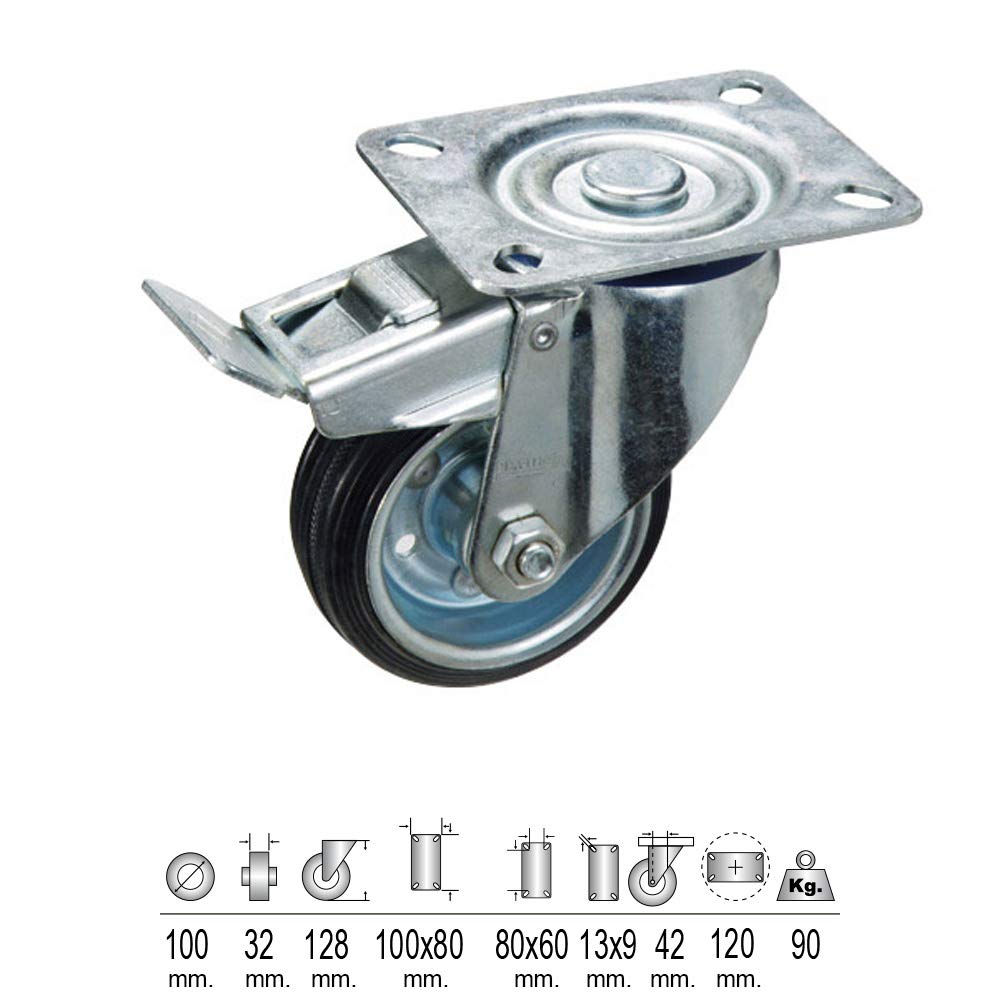 WOLFPACK LINEA PROFESIONAL 11110800 Industrial Wheel Rubber Black Plate with Brake 100 mm, 100 mm