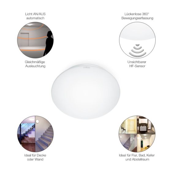 Steinel LED Ceiling Light RS 16 S - sensor switched indoor lamp, 360° motion detector, 8 m range, opal glass, 9.3 W wall light, IP44 - Image 4