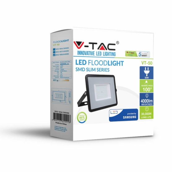 V-TAC 100W Waterproof Outdoor Security LED Floodlight with Samsung LED 1-metre wire Black Body Grey Glass IP65 3000K Warm White 8000 lumens [Energy Class A+] - Image 2