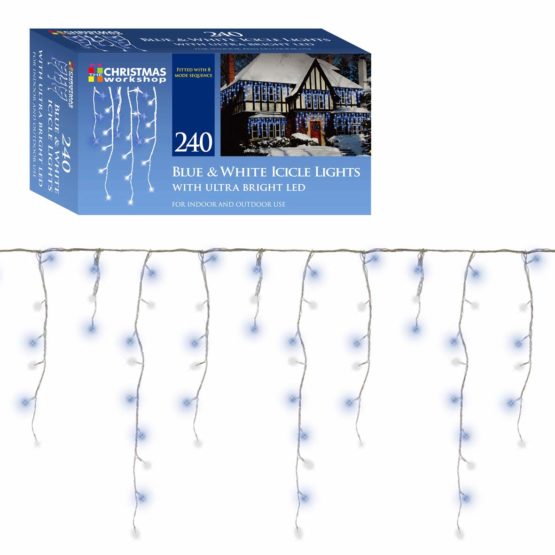 Christmas Workshop 78620 240 Icicle LED Outdoor Christmas Lights | 5.6 Metres | Blue & White Colour | Indoor & Outdoor Fairy Lights | Weddings & Gardens | 8 Functions | Mains Powered