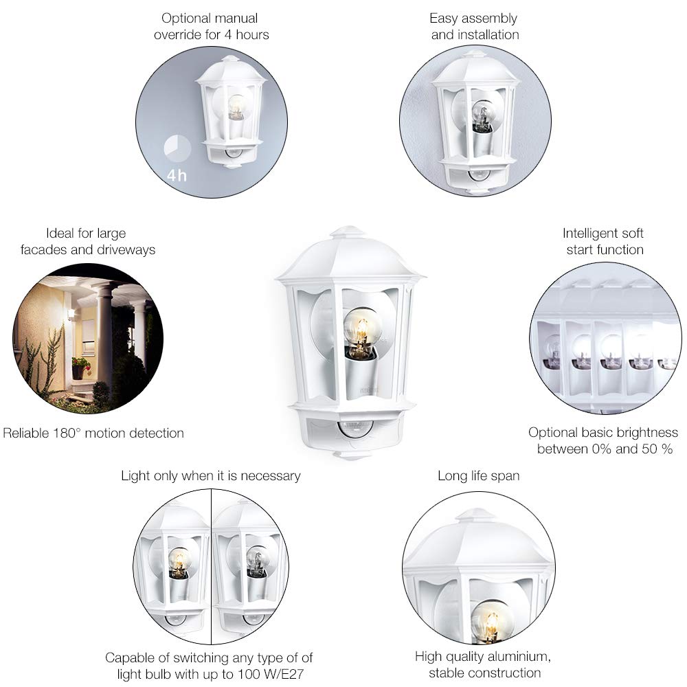 Steinel Outdoor Light L 190 S White, Max. 100 W, Wall Light, 180° Motion Sensor, 12 m Range, Soft Light Start, Aluminium - Image 4