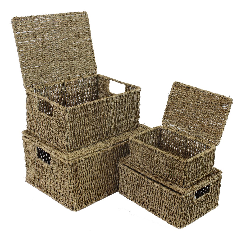 JVL Set of 4 Seagrass Storage Boxes Baskets with Lids and Inset Handles