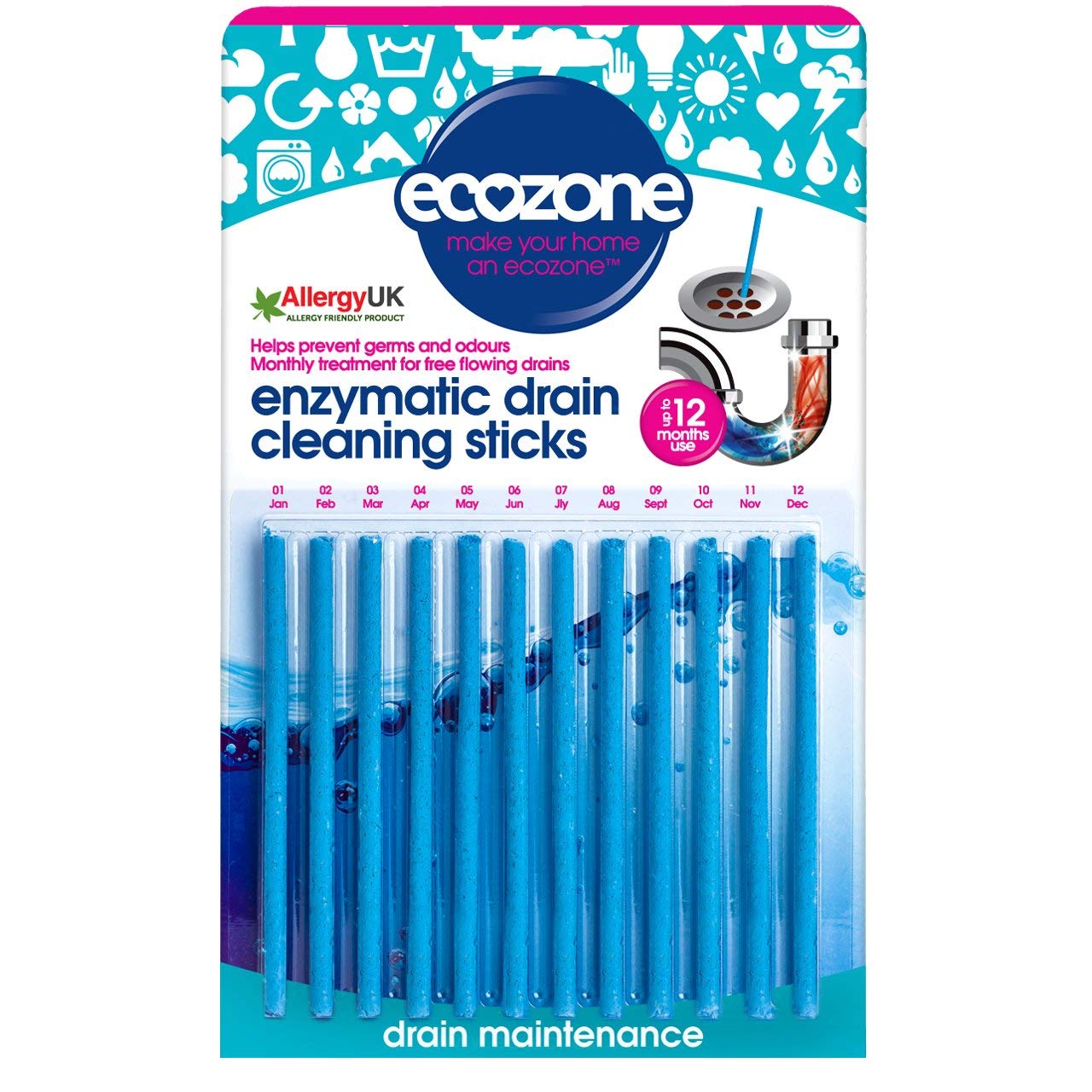 EcoZone Drain Cleaning Sticks, Enzymatic Pipe Unblocker, Prevents Plug Hole Obstructions & Keeps Water Flowing Freely