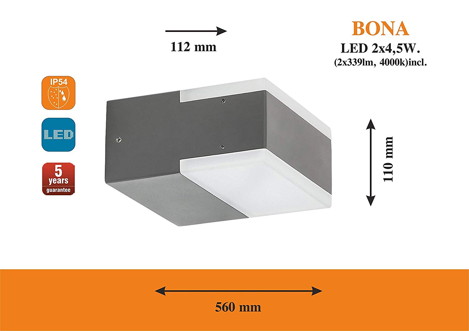rabalux Bona 8060 A+ Outdoor Wall Light, Metal, Integrated, Anthracite, 11.2 x 56 x 11 cm - Image 2