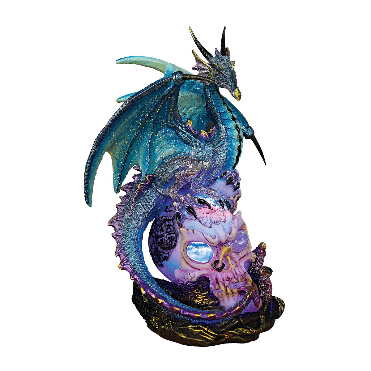 Design Toscano QS91653 Dragon Assassin on Skull Gothic Decor Statue Figurine, 18 cm, Polyresin with Color Changing LED Light, Full Color