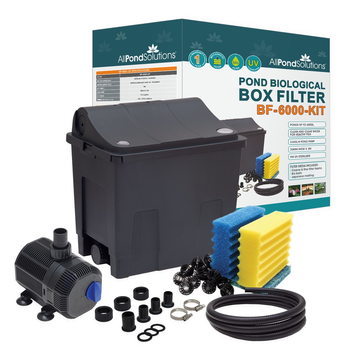 Small Fish Pond Filter Box - Koi/Goldfish - Ponds up to 6000L Full Kit - Includes 9w UV 2300L/H Pump hosing and clips