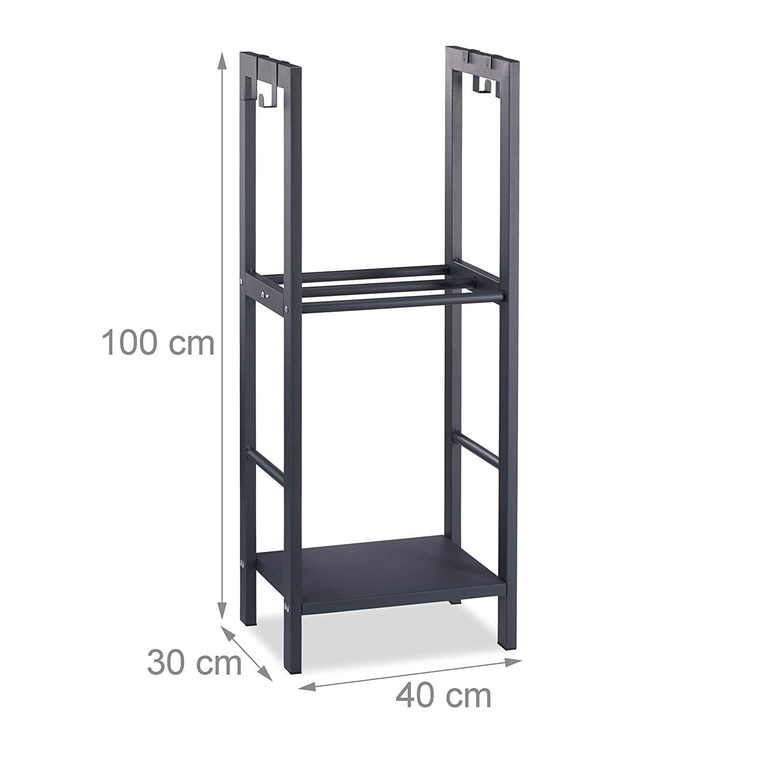 Relaxdays 2-Tier Firewood Rack, Steel Wood Pile Shelf, 4 Hooks For Fireplace Tools, 100x40x30 cm, Anthracite - Image 4
