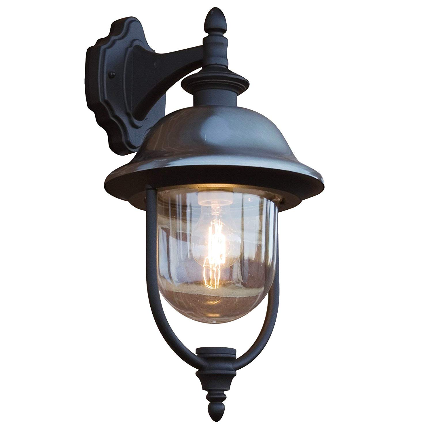 Konstsmide Outdoor Wall Light Mains Powered/Parma Down Traditional Lantern/1 x 75 W E27 Max Lamp/Clear Acrylic Globe/Aluminium/IP43/Outside Light