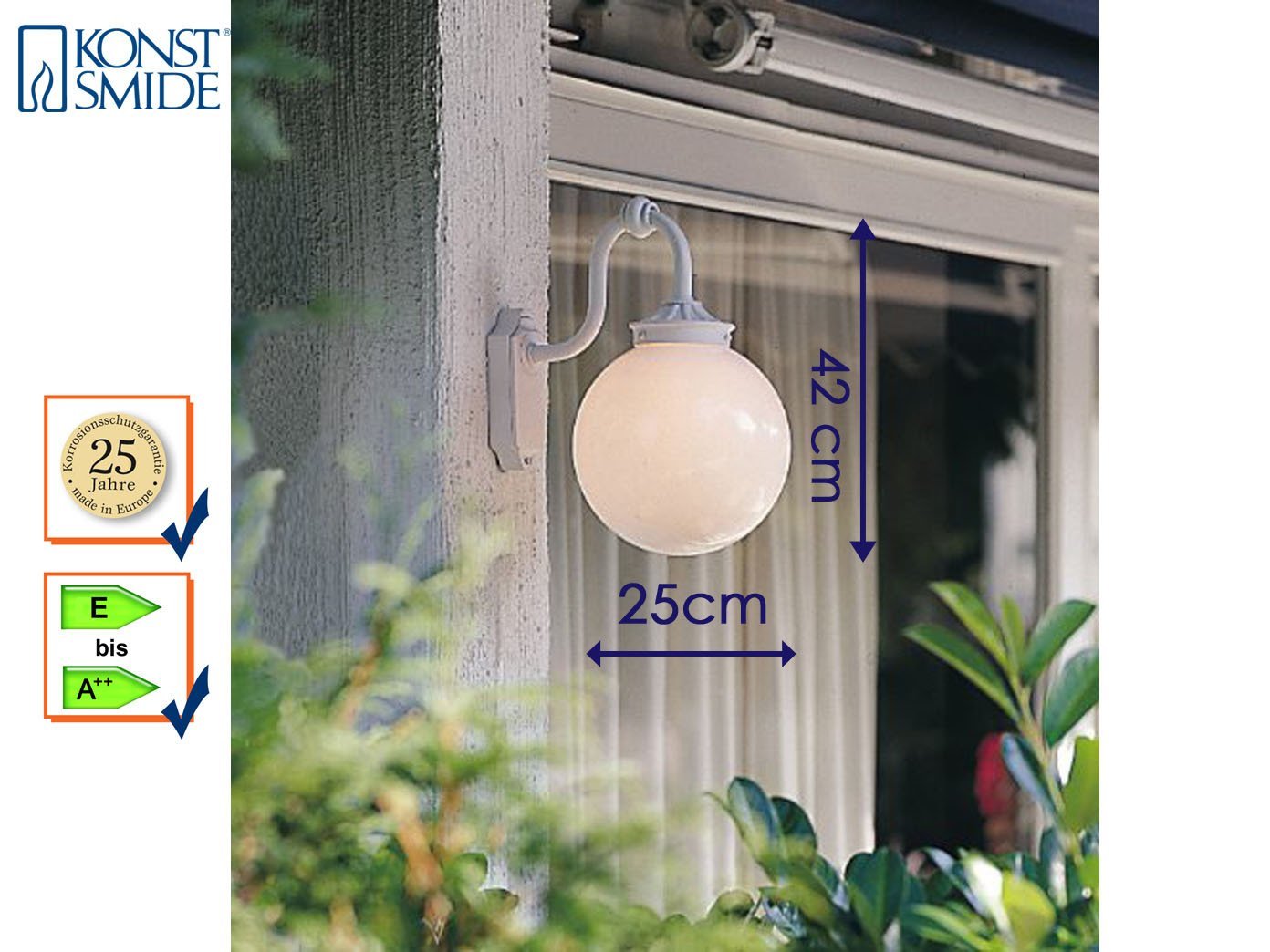 Konstsmide Handmade Outdoor Lights/Arcturus Swan Necked Outdoor Wall Light/1 x 100 W E27 Max Wall Lamp/Clear Glass Globe/Aluminium/IP23/White - Image 3