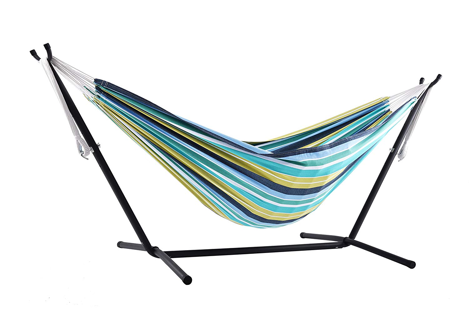 Vivere UHSDO8-29 Double Cotton Hammock with Space-Saving Steel Stand Including Carrying Bag, Cayo Reef, 249x109x104 cm