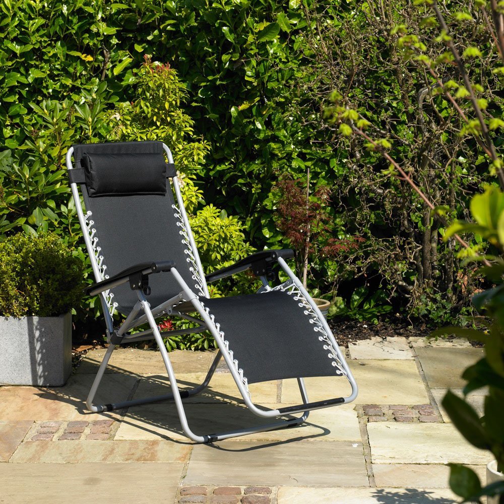 Kingfisher Gravity Garden Reclining Sun Chair Lounger, Black, 113 x 65 x 94.5 cm