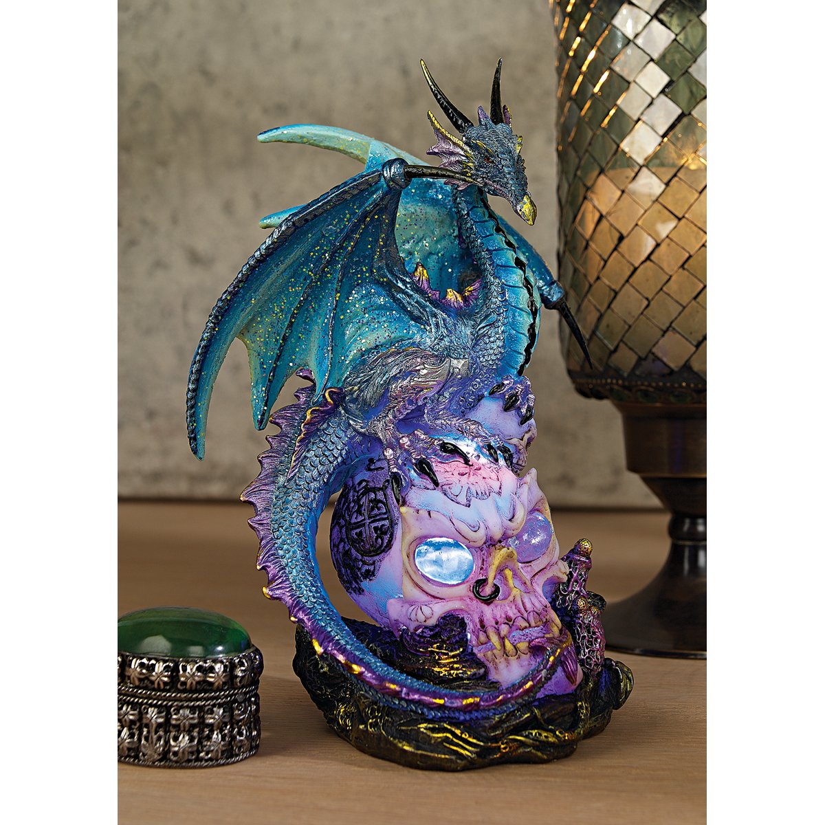 Design Toscano QS91653 Dragon Assassin on Skull Gothic Decor Statue Figurine, 18 cm, Polyresin with Color Changing LED Light, Full Color - Image 2