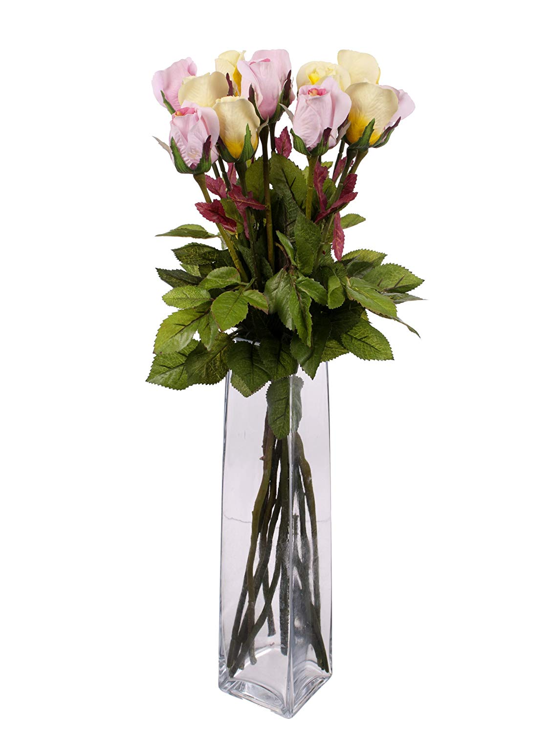 Floral Elegance Artificial 60cm Single Stem Closed Bud Rose Flowers x 12 (6 x Yellow and Cream and 6 x Pale Pink) - Image 2