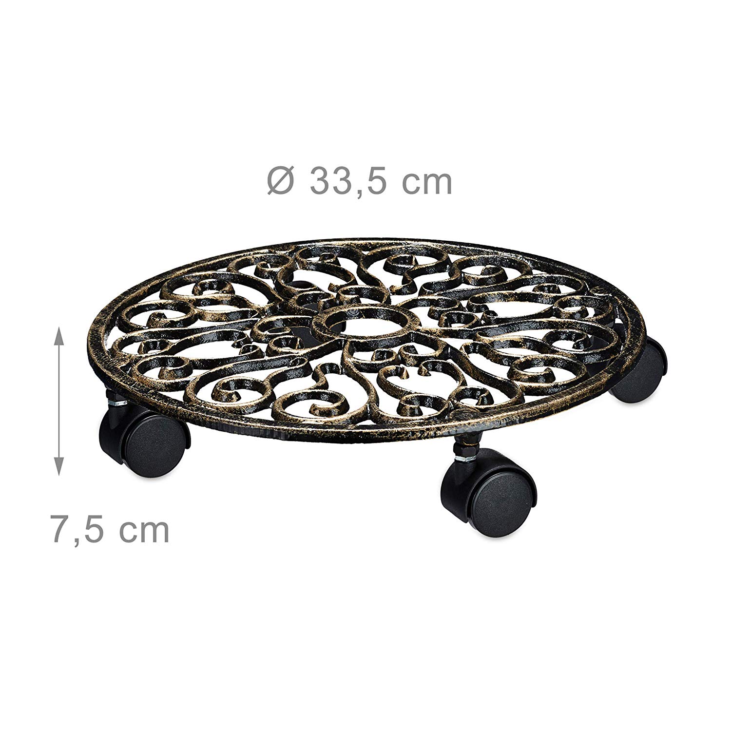 Relaxdays Plant Caddy Cast Iron Round 33.5 Diameter Plant Pot Trolley Metal Mover with Wheels - Image 4