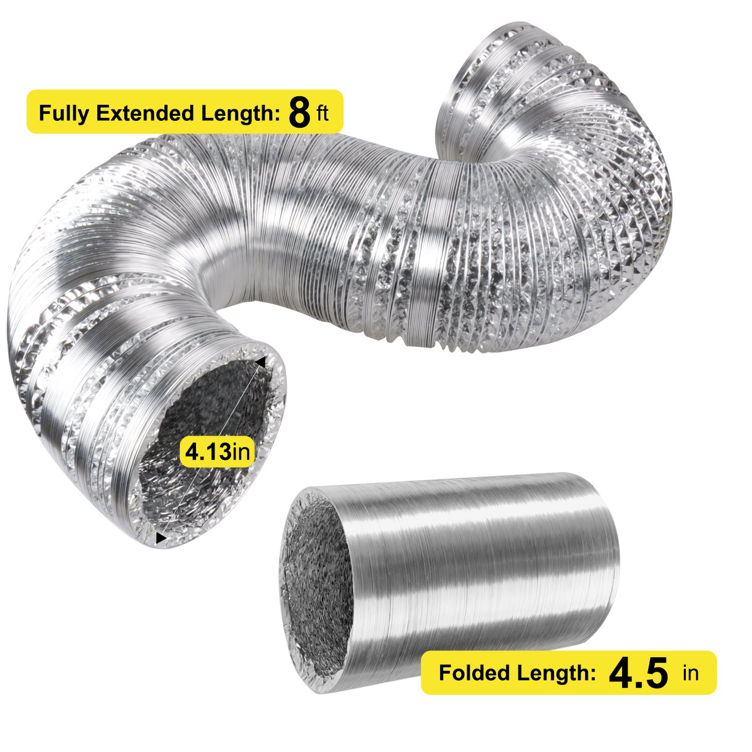 iPower 4 Inch 8 Feet Non-Insulated Flex Air Aluminum Foil Ducting Dryer Vent Hose for HVAC Ventilation with 2 Clamps, 1-Pack, Silver - Image 2