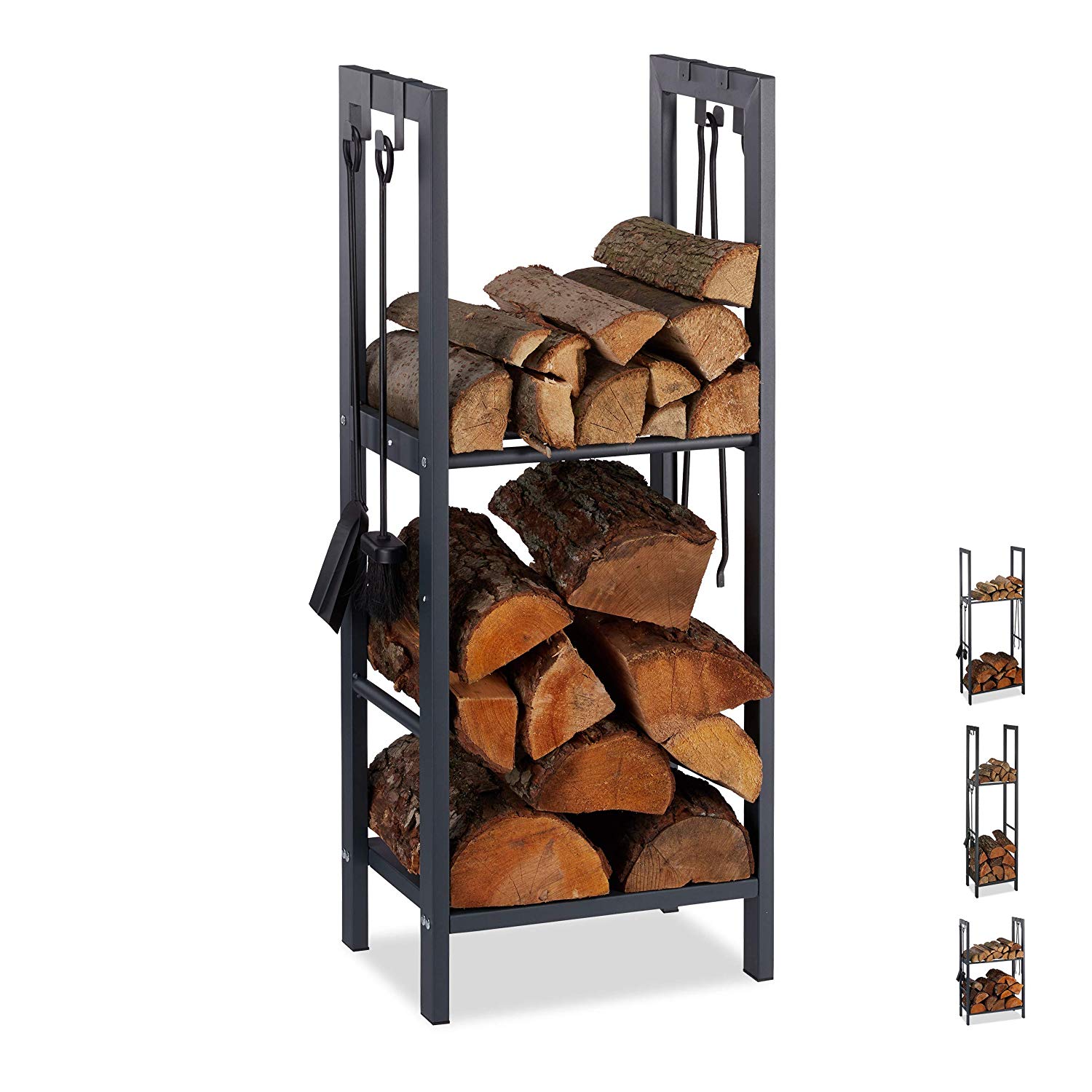 Relaxdays 2-Tier Firewood Rack, Steel Wood Pile Shelf, 4 Hooks For Fireplace Tools, 100x40x30 cm, Anthracite