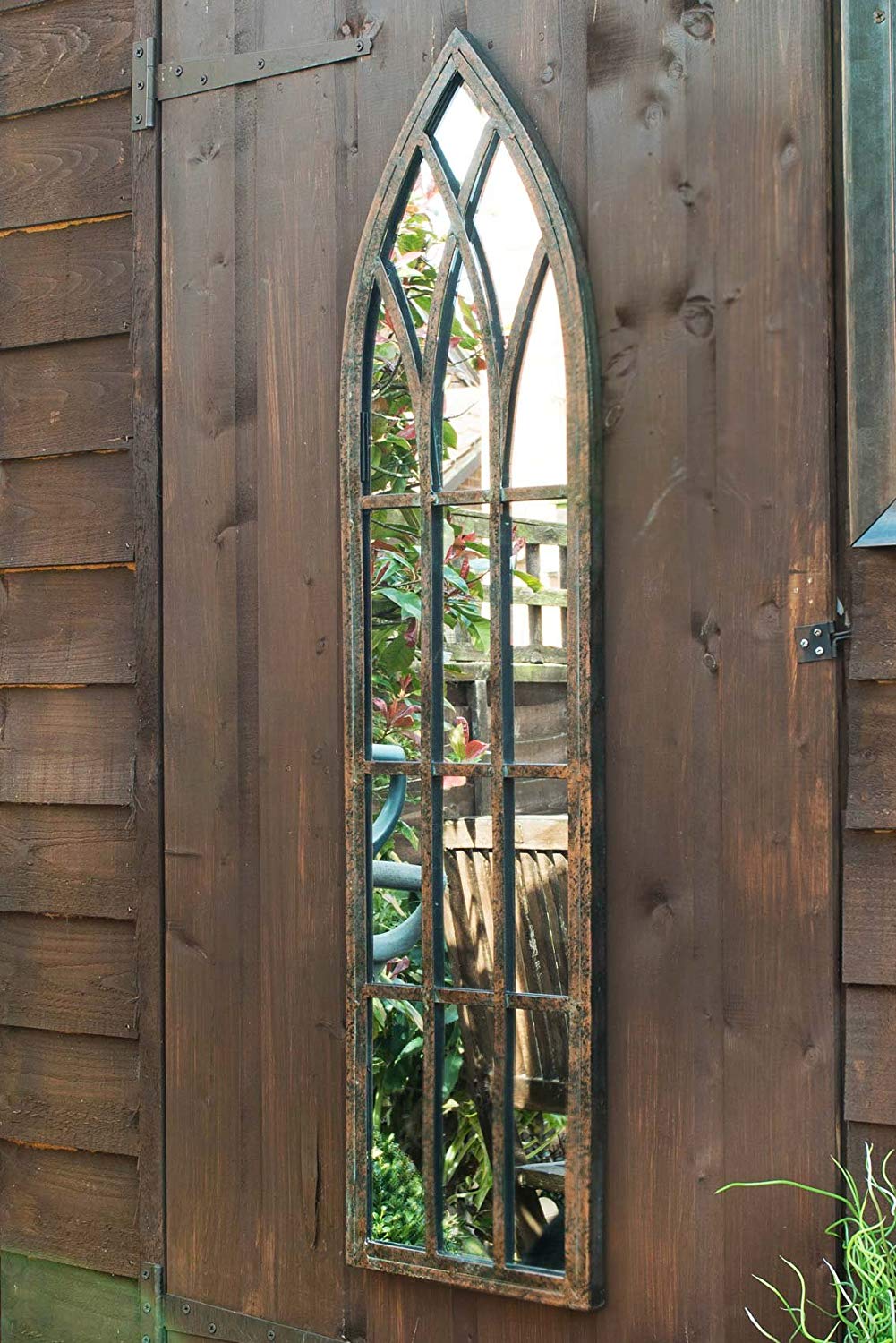 MirrorOutlet Metal Rustic Outdoor Garden Mirror- Gothic Arch Slimline Mirror 100 x 24 Brown - Image 3