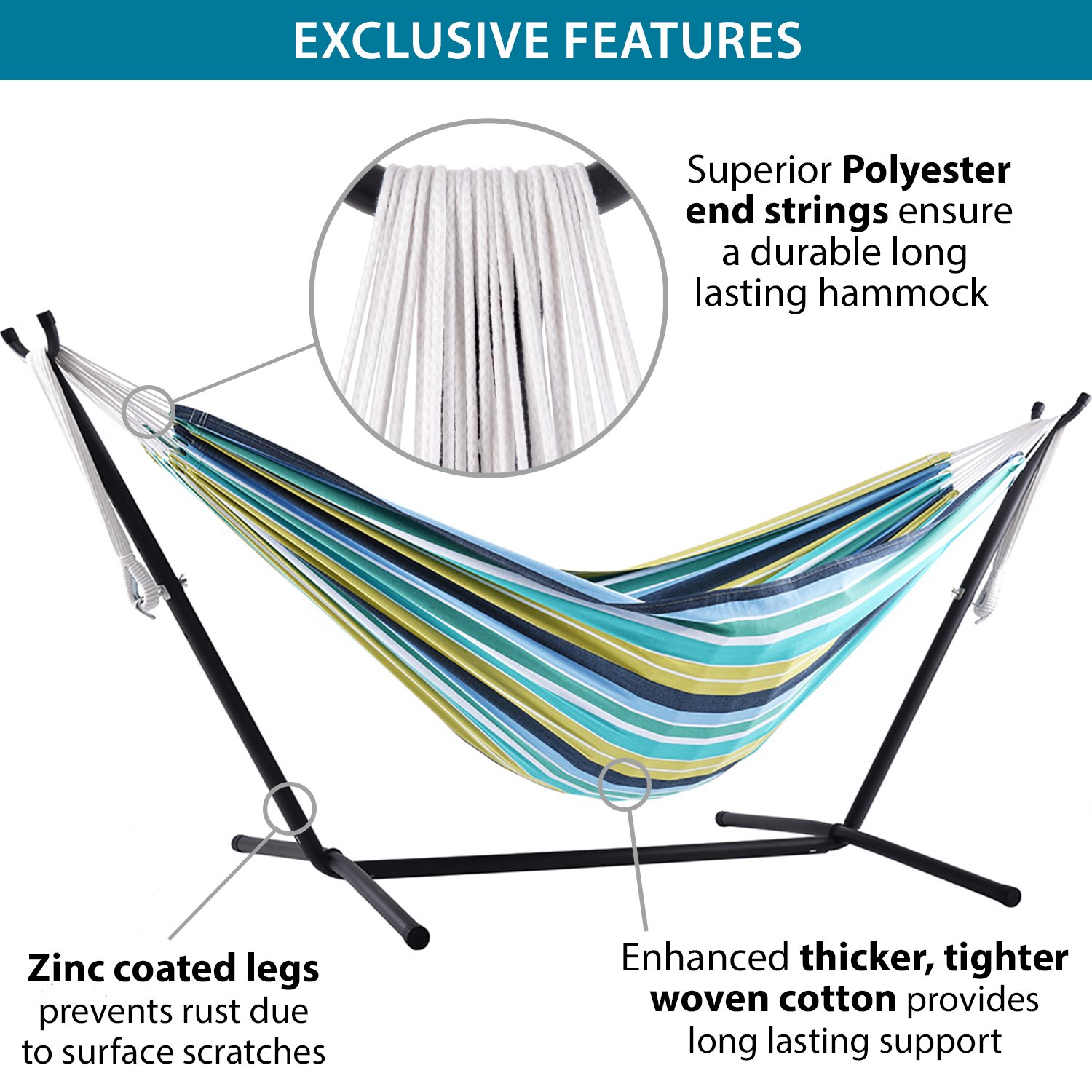 Vivere UHSDO8-29 Double Cotton Hammock with Space-Saving Steel Stand Including Carrying Bag, Cayo Reef, 249x109x104 cm - Image 2