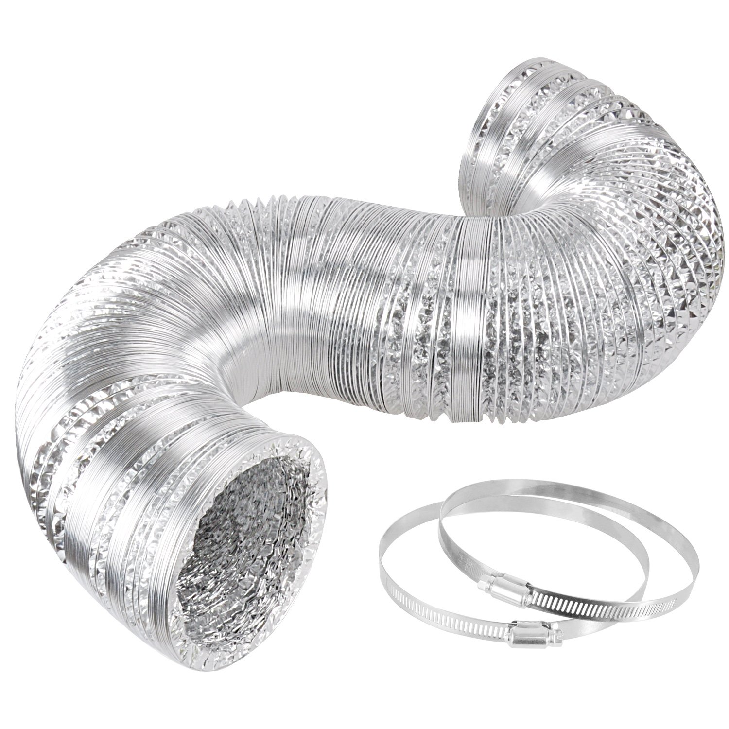 iPower 4 Inch 8 Feet Non-Insulated Flex Air Aluminum Foil Ducting Dryer Vent Hose for HVAC Ventilation with 2 Clamps, 1-Pack, Silver