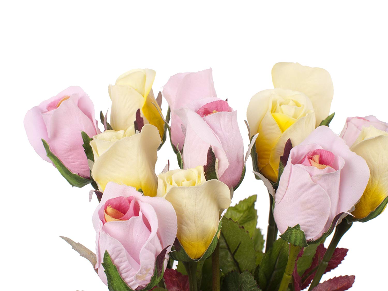 Floral Elegance Artificial 60cm Single Stem Closed Bud Rose Flowers x 12 (6 x Yellow and Cream and 6 x Pale Pink) - Image 3