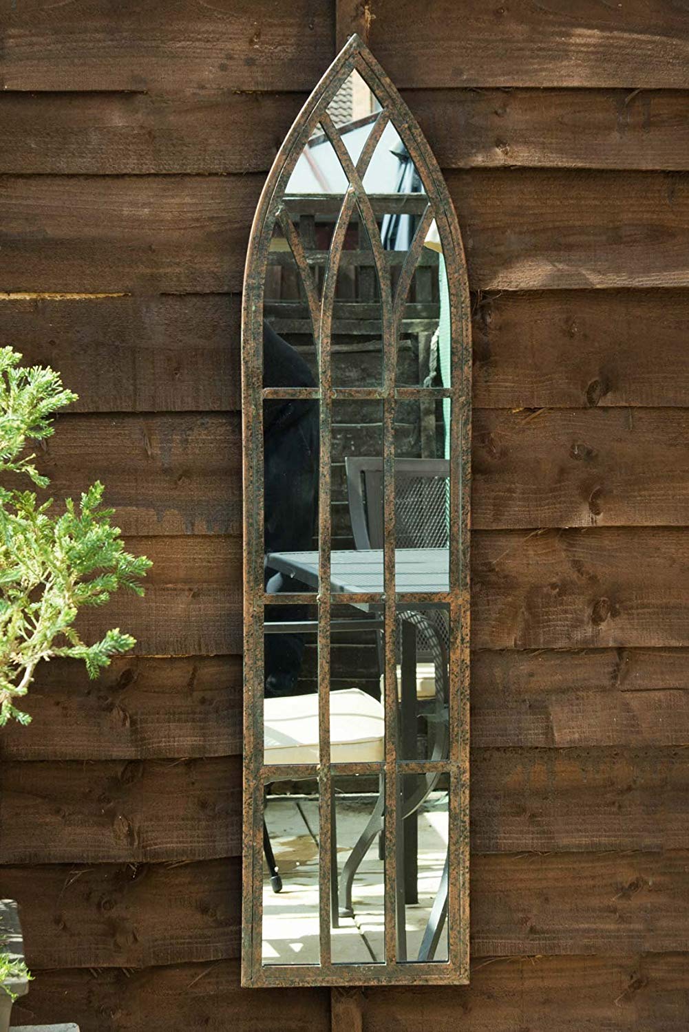 MirrorOutlet Metal Rustic Outdoor Garden Mirror- Gothic Arch Slimline Mirror 100 x 24 Brown - Image 2