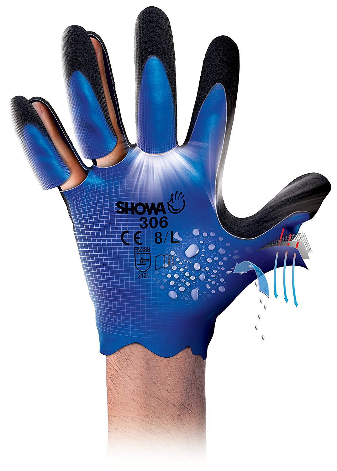 Showa Sho3063 Latex Gripper Gloves, Single Pair, 8/LARGE, Blue/Black - Image 2