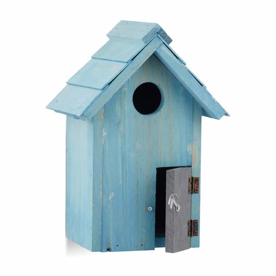 Relaxdays Nesting Box, Bird House, Wooden, Door, Small Entrance, Songbirds, HxWxD: 24.3 x 17 x 12 cm, Blue - Image 4