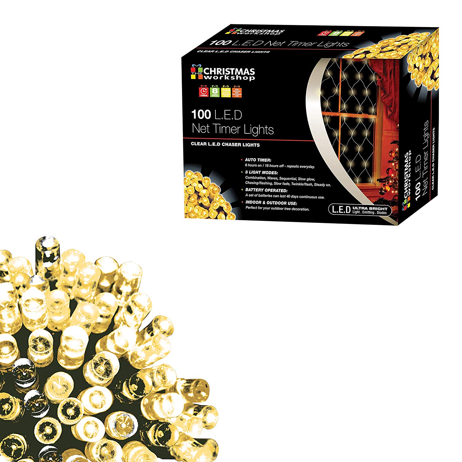 The Christmas Workshop 76070 100 Warm White Christmas LED Net Lights / Curtain Style Window Lights / 8 Different Modes / Indoors & Outdoors / - Image 2