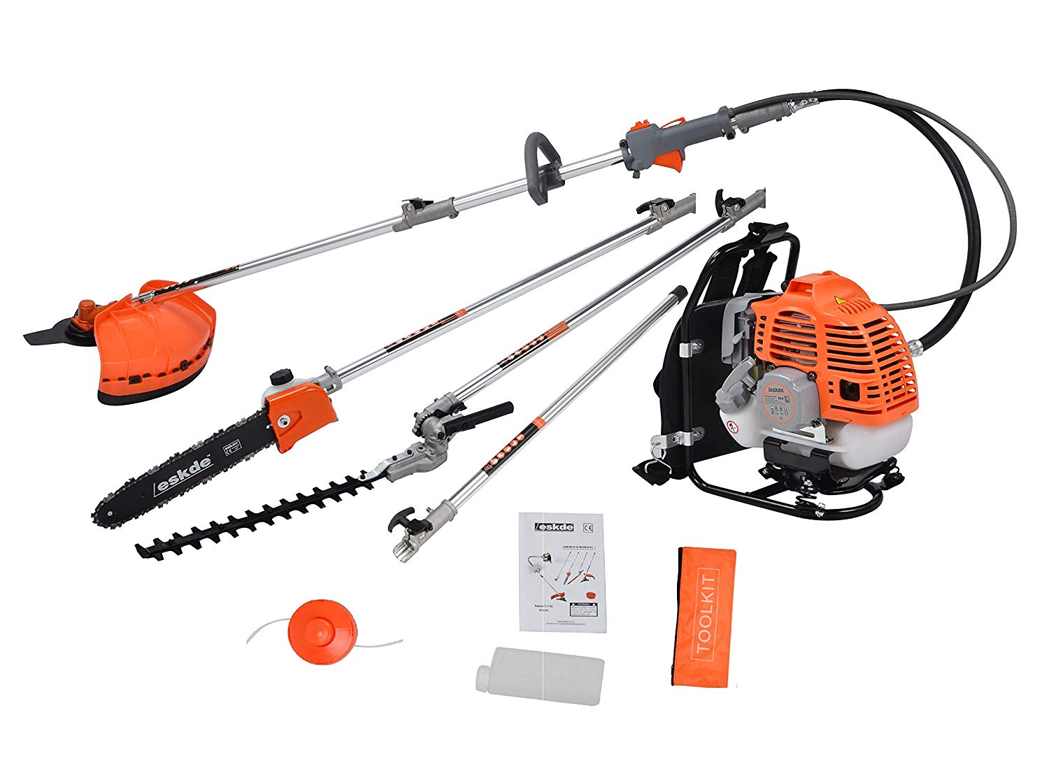 eSkde BP52-S8KIT 5 in 1 Back Pack 52cc Petrol Garden Multi Tool System with Brushcutter/Strimmer/Grass Chainsaw/Hedge Trimmer and Extension Pole, Orange and Grey