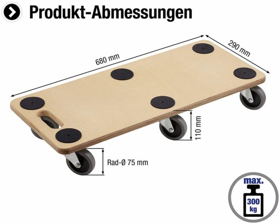 Transport Roller 680 x 290 mm, 300 kg, Plywood, TPE - Image 2