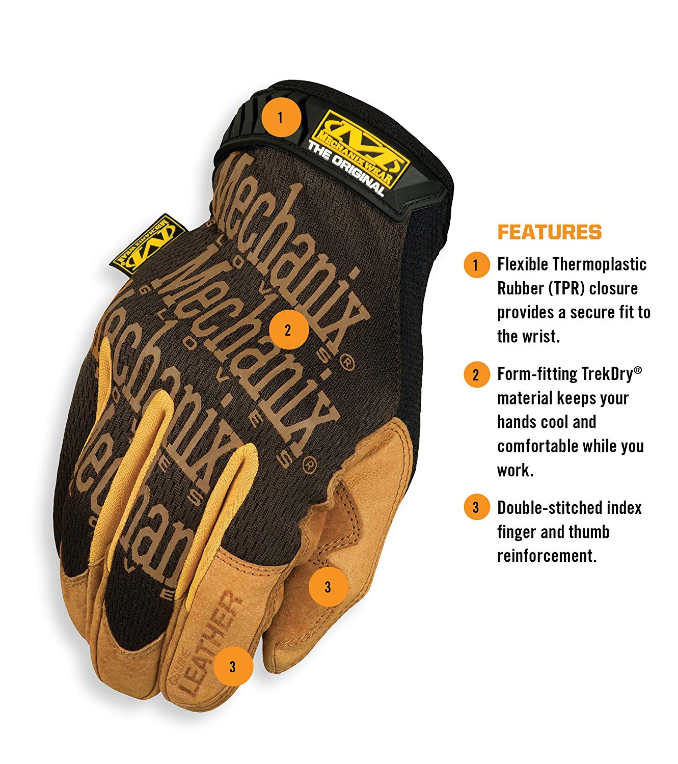 Mechanix Wear - Leather Original Gloves (XX-Large, Brown/Black), XXL - Image 2