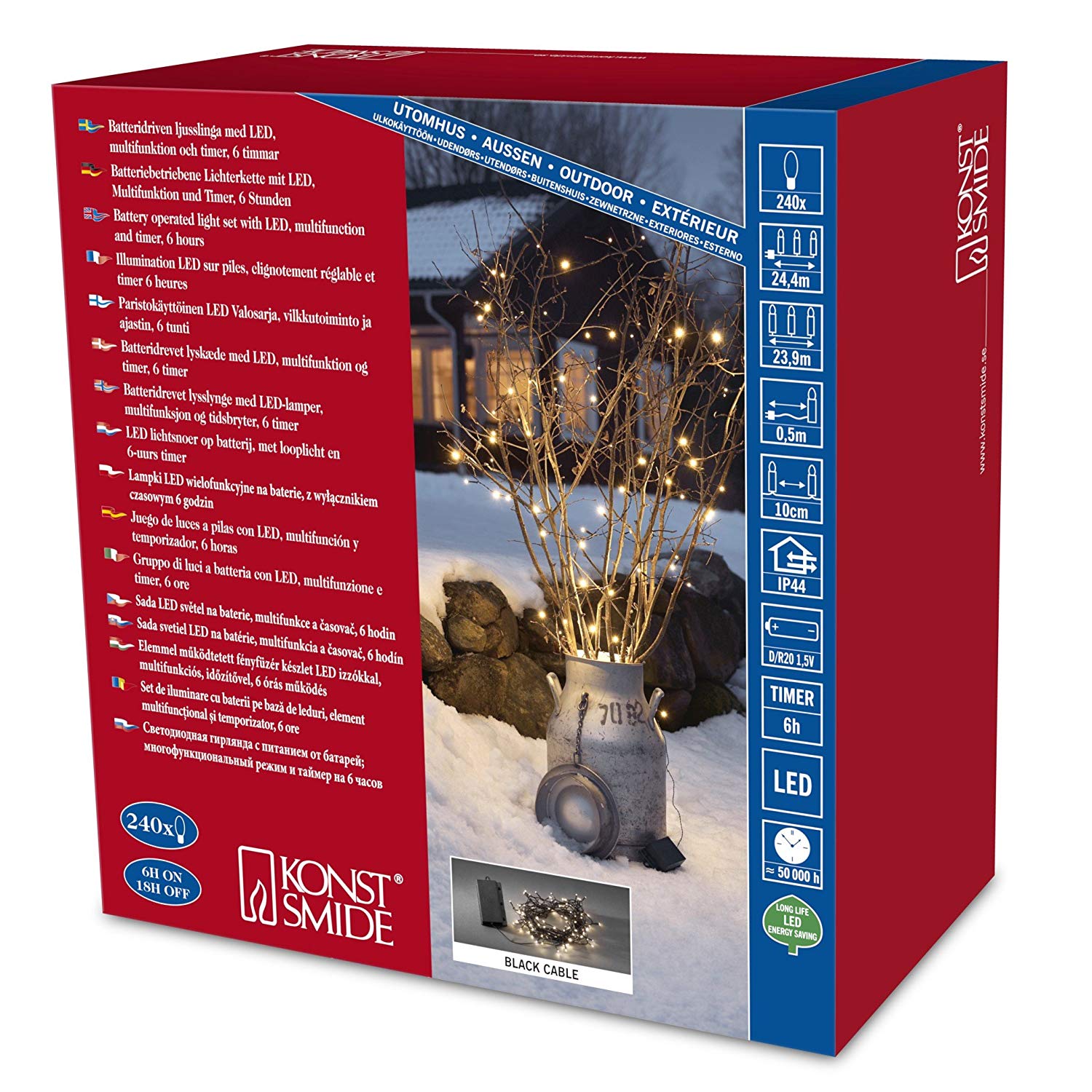 Konstsmide Christmas Lights/LED 240 Diodes Warm White Outdoor Battery Operated Fairy Lights/Outdoor or Indoor Use (IP44) / 6H Timer/Multi
