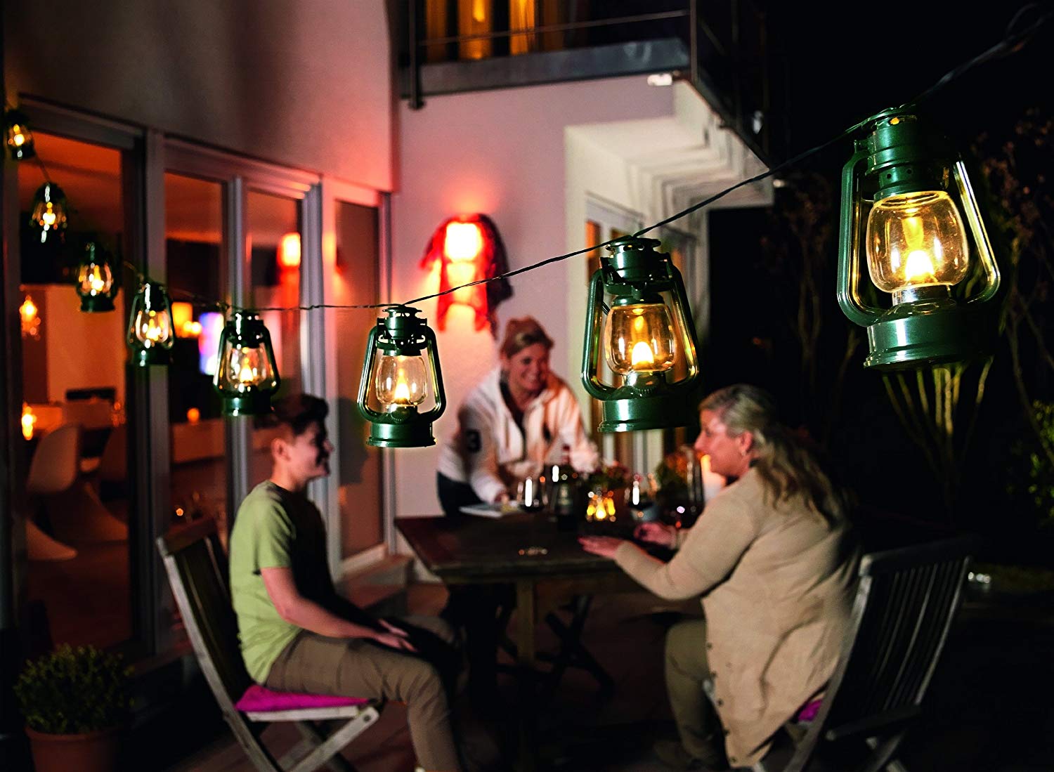 Konstsmide LED Beer Garden Party Light Lantern Chain, Outdoor Lights Flickering Flame Effect/ Outdoor (IP44) / 8 Green Lanterns / 8 Flickering - Image 3