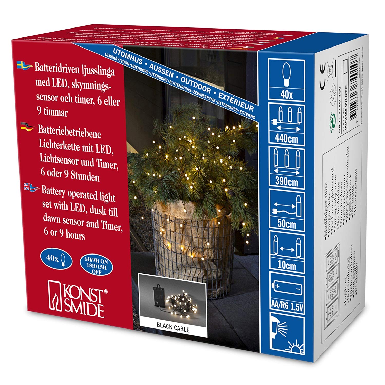 Konstsmide LED Cherry Fairy Lights / (IP44) / Battery Operated: 4 x AA 1.5 V (not Included) / Dusk Till Dawn Sensor 6 and 9 Hour Timer / 40 Warm White Diodes/Black Cable