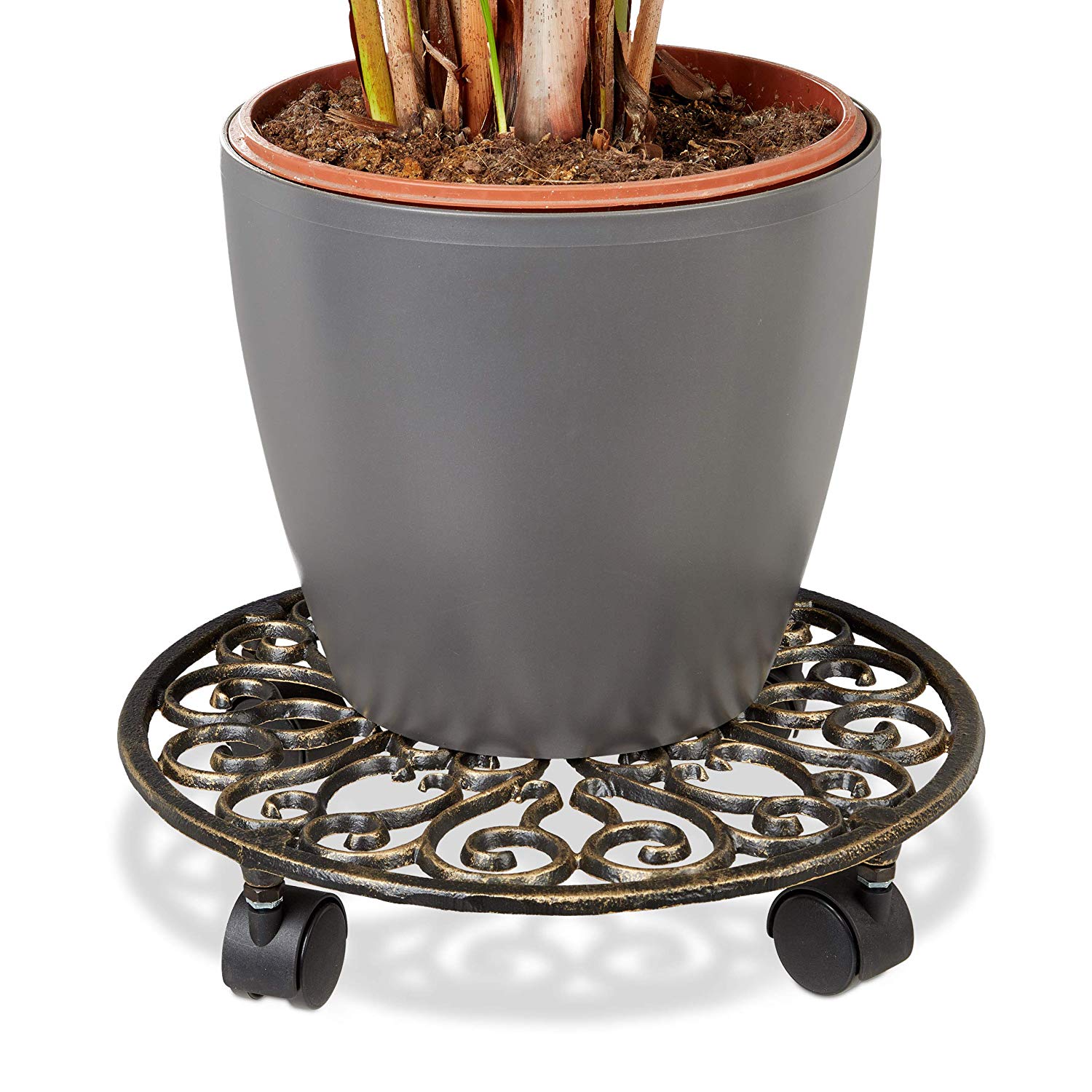 Relaxdays Plant Caddy Cast Iron Round 33.5 Diameter Plant Pot Trolley Metal Mover with Wheels