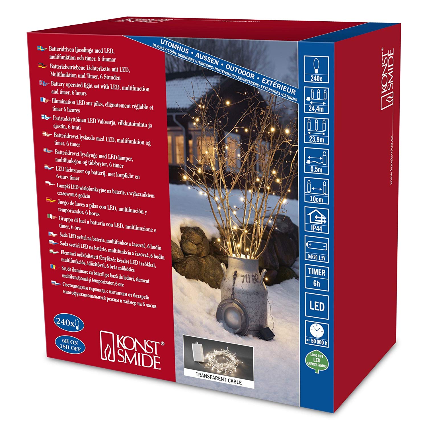Konstsmide Christmas Lights/LED 240 Diodes Warm White Outdoor Battery Operated Fairy Lights/Outdoor or Indoor Use (IP44) / 6H Timer/Multi