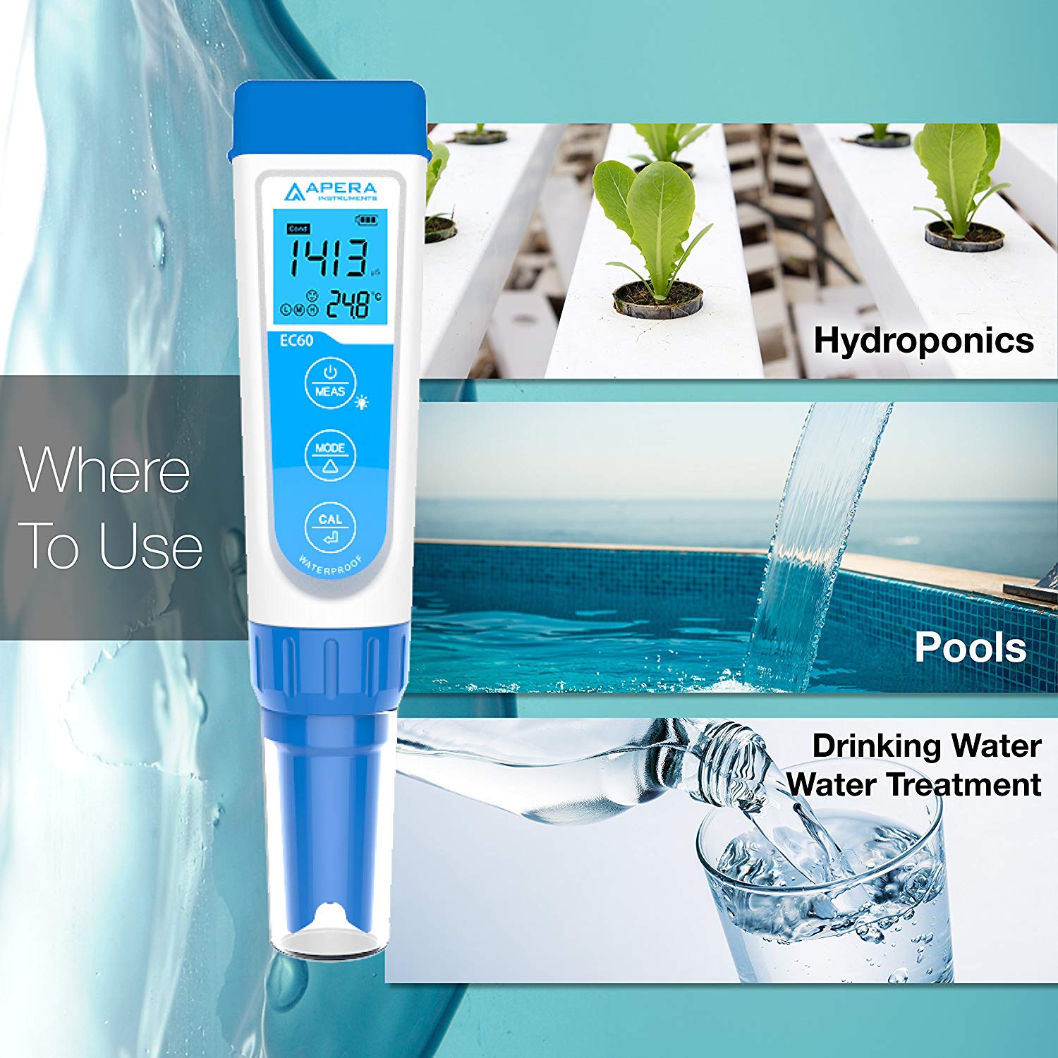 Apera Instruments EC60 Premium Conductivity Pocket Tester, 1% Accuracy, Easy Switch of EC/TDS/Salinity, Replaceable BPB Sensor - Image 4
