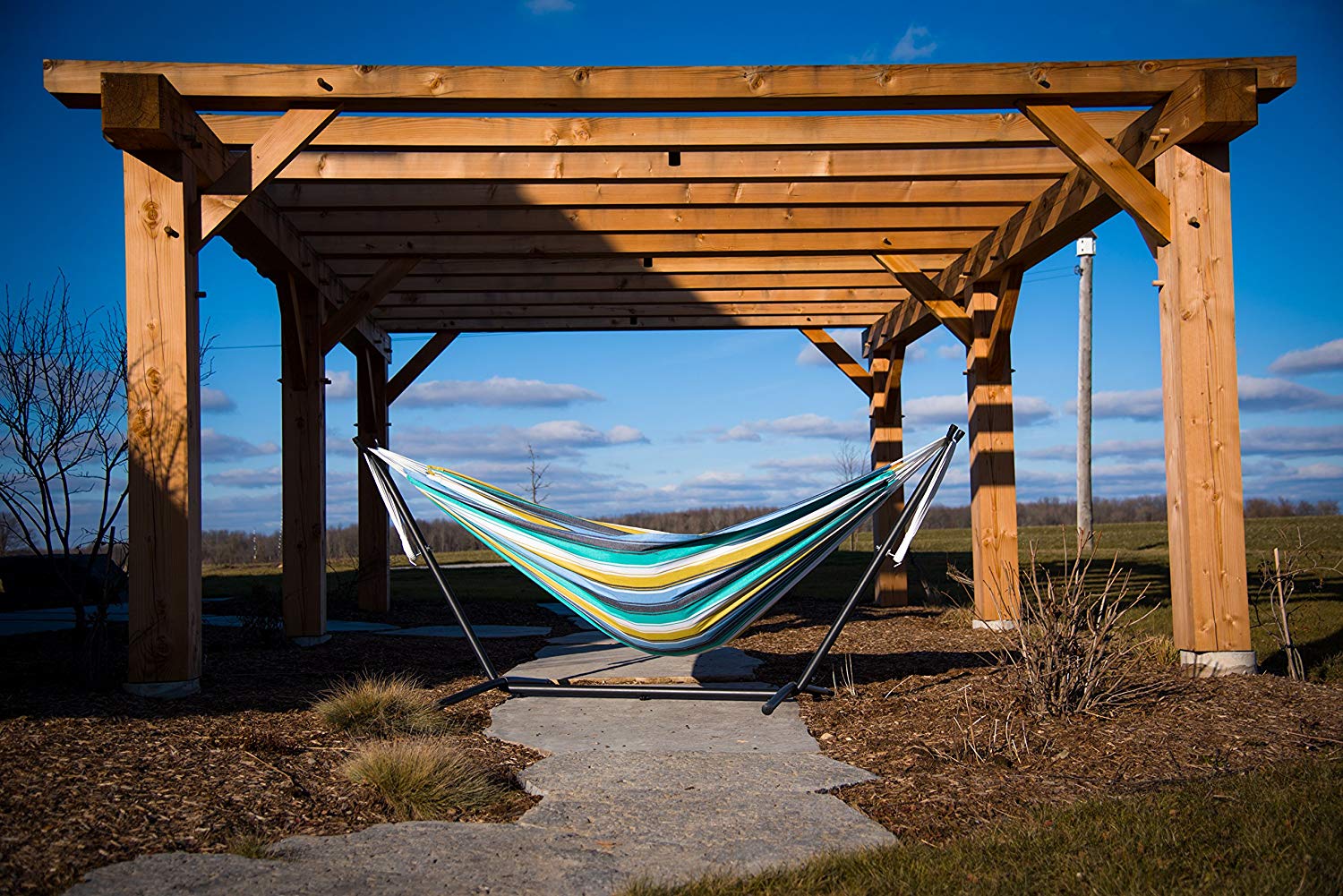 Vivere UHSDO8-29 Double Cotton Hammock with Space-Saving Steel Stand Including Carrying Bag, Cayo Reef, 249x109x104 cm - Image 4