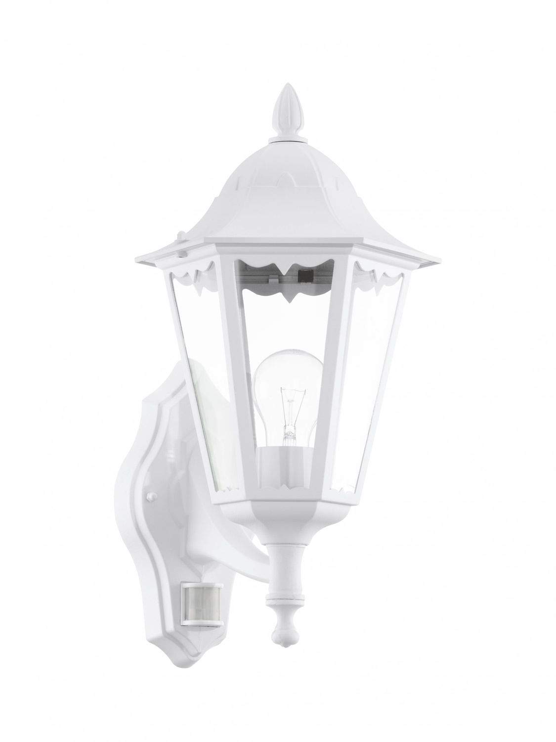 Eglo Navedo Outdoor Wall Light, Motion Sensor External Porch Lighting, White Cast Aluminium and Clear Glass Lantern